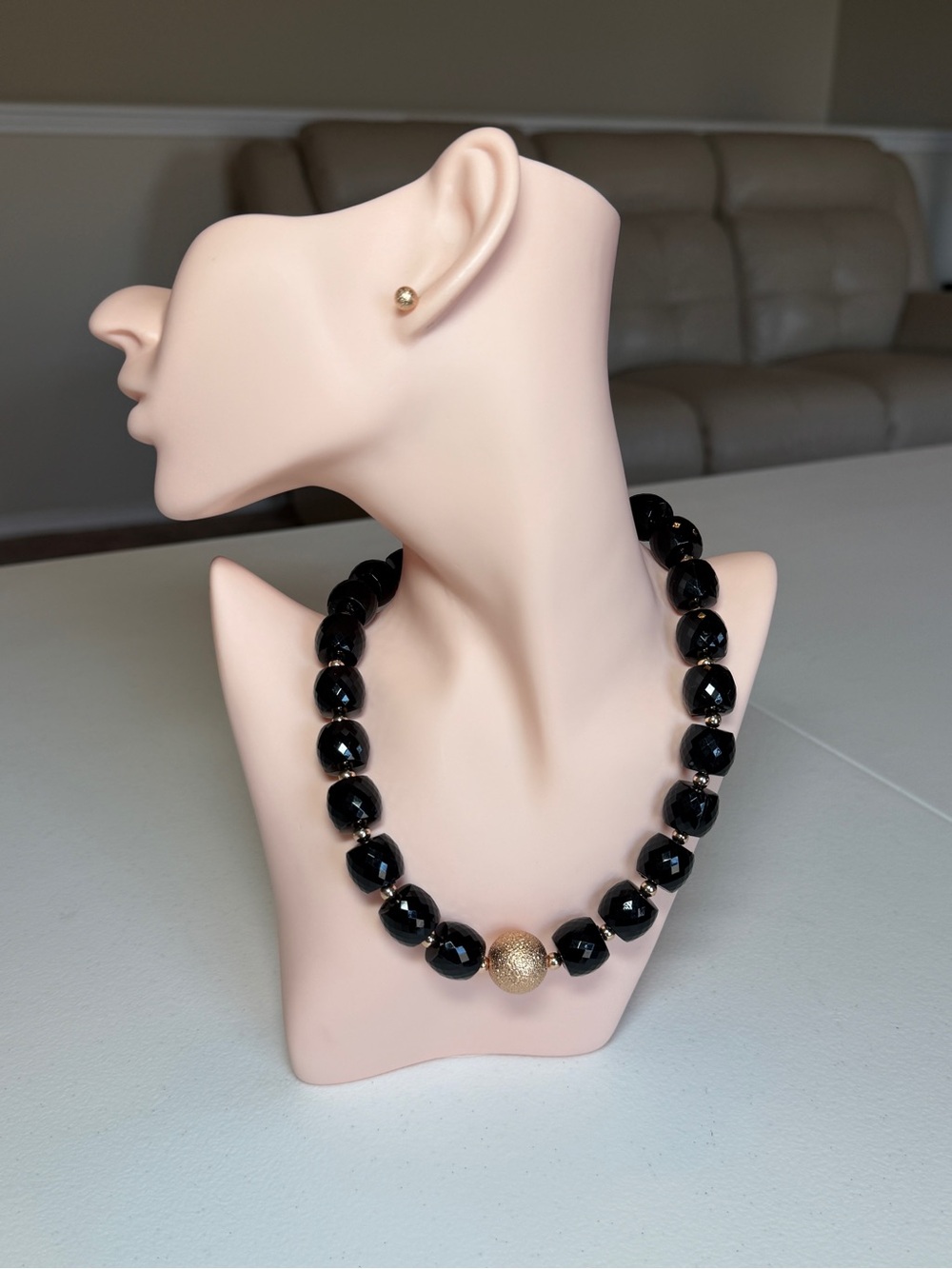 Elegant Black Beaded Necklace with Gold Accent